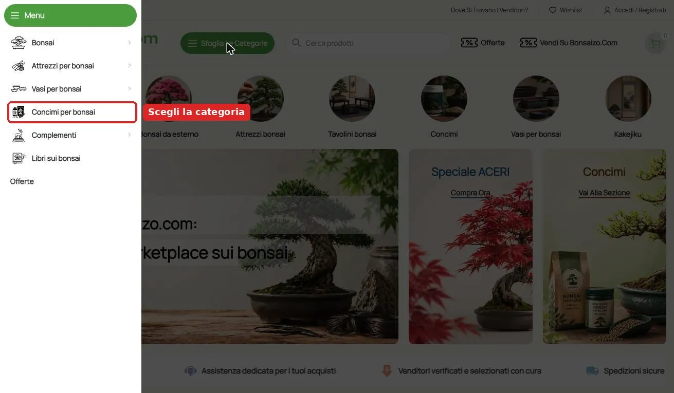 Menu delle categorie di Bonsaizo con evidenziata la categoria Concimi per bonsai