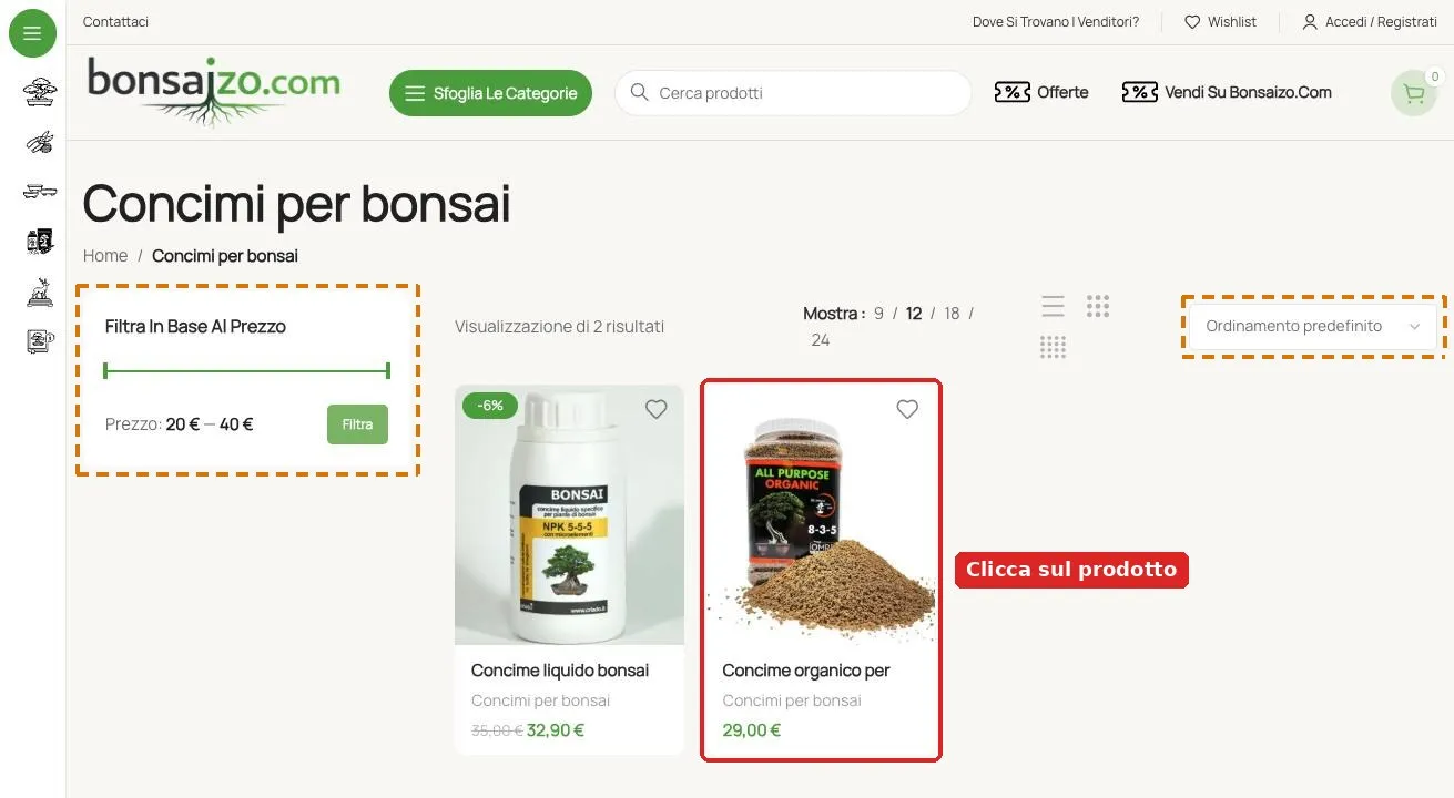 Pagina della categoria Concimi per bonsai con evidenziati un prodotto, il filtro prezzo e l’ordinamento