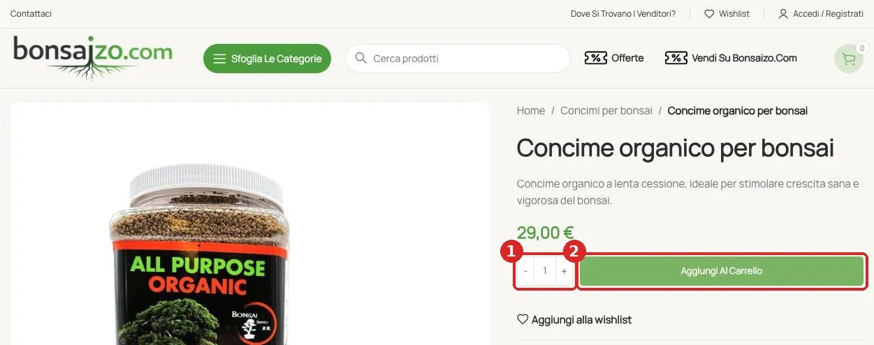 Pagina prodotto con evidenziati la quantità e il pulsante Aggiungi al carrello