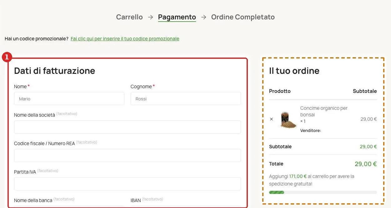 Pagina di pagamento con evidenziati i dati di fatturazione e il riepilogo dell’ordine