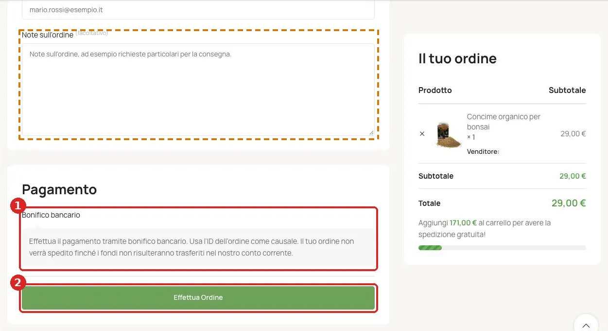 Note sull’ordine, metodo di pagamento e pulsante Effettua ordine evidenziati