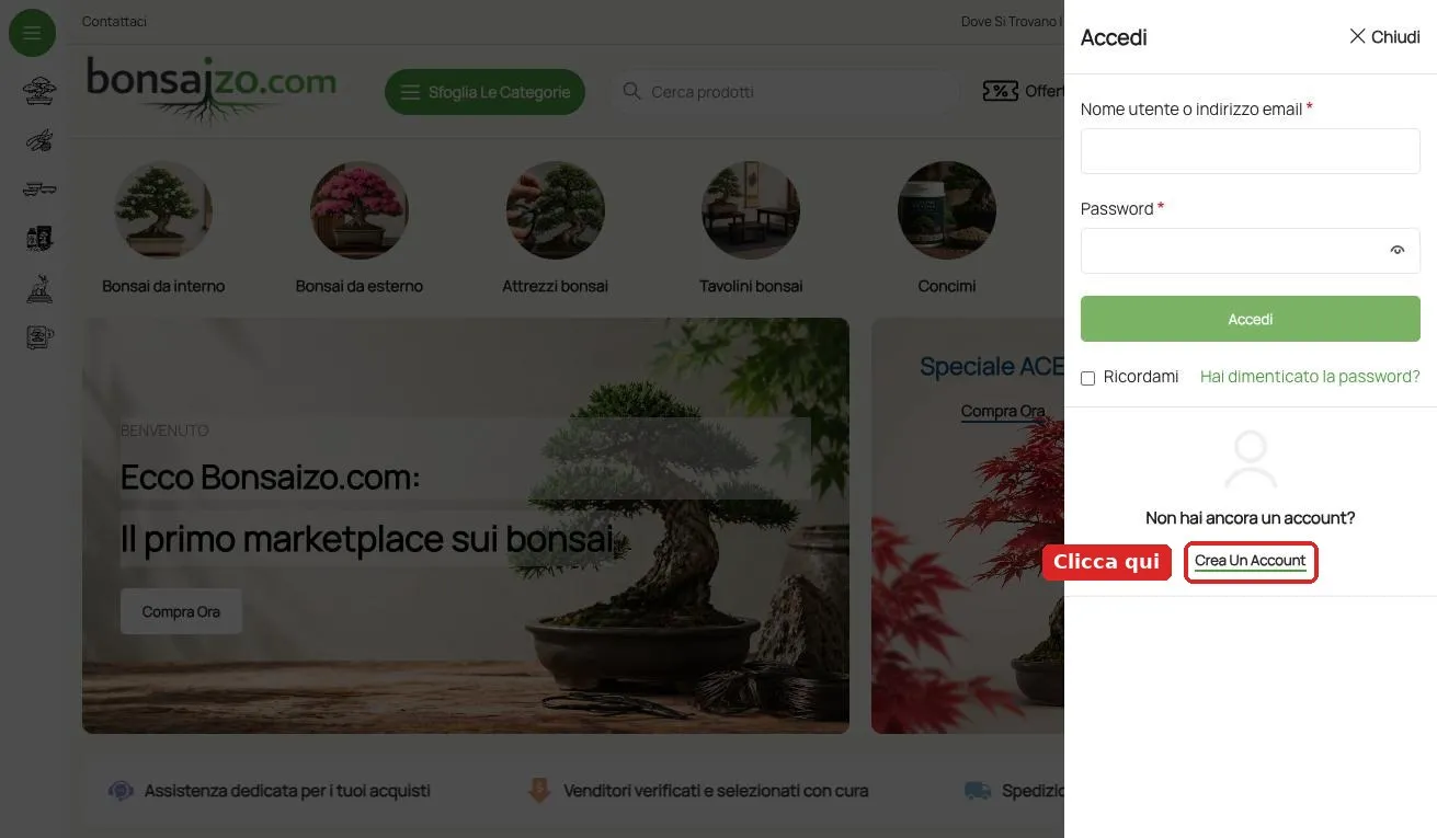 Pannello di accesso di Bonsaizo con evidenziato il link Crea un account