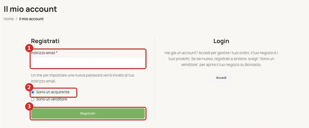 Modulo di registrazione di Bonsaizo per acquirenti con email, Sono un acquirente e pulsante Registrati