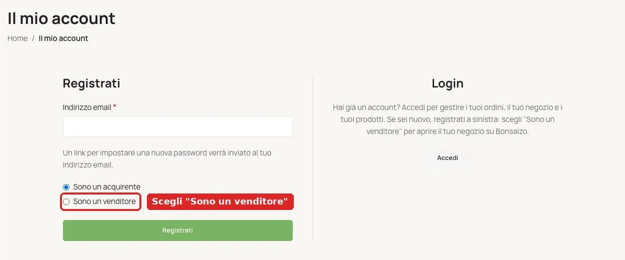 Modulo di registrazione di Bonsaizo con evidenziata lโopzione Sono un venditore