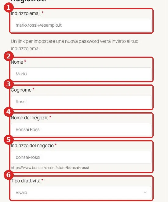 Campi email, nome, cognome, nome e indirizzo del negozio e tipo di attivitร compilati con dati di esempio