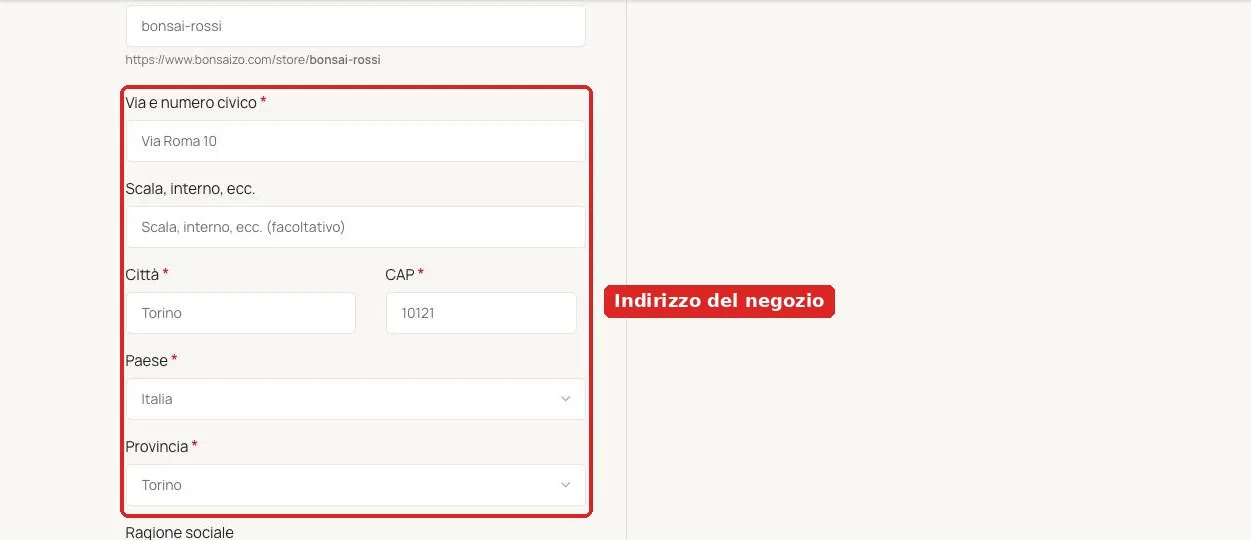 Campi indirizzo del modulo di registrazione venditore di Bonsaizo compilati con dati di esempio