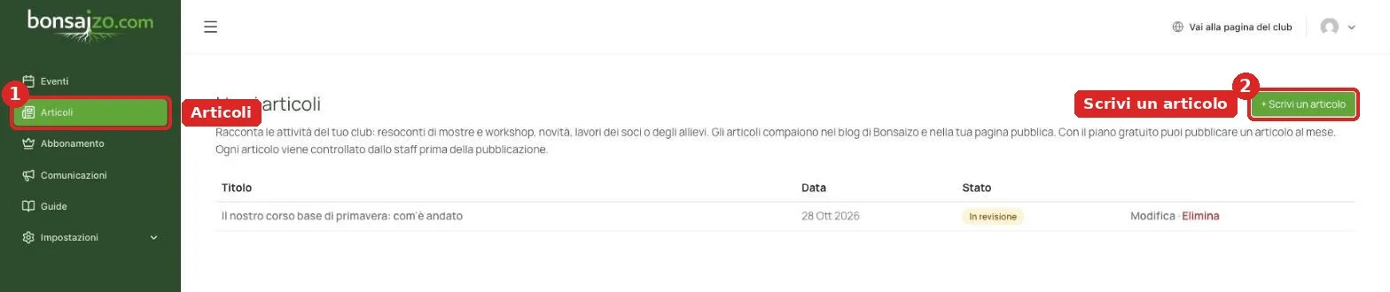 Sezione Articoli del pannello del club