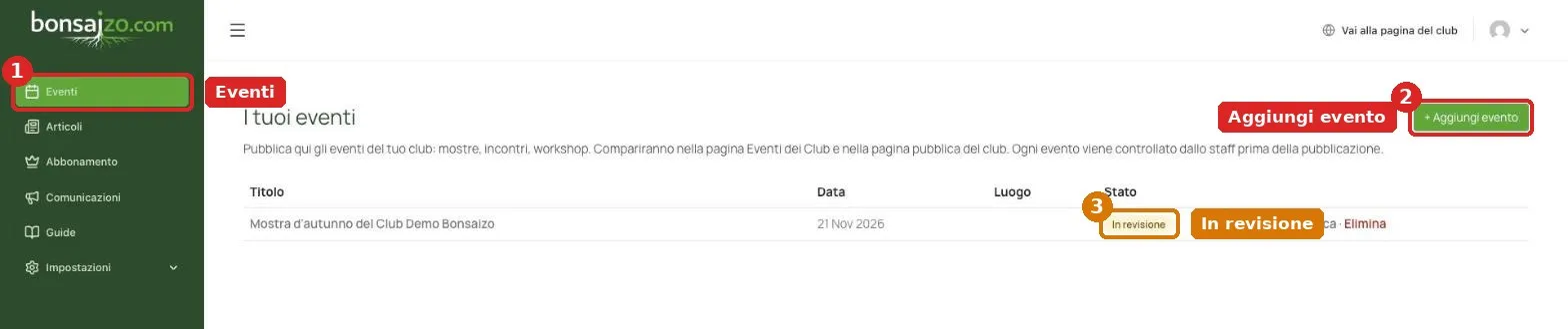 Sezione Eventi del pannello del club