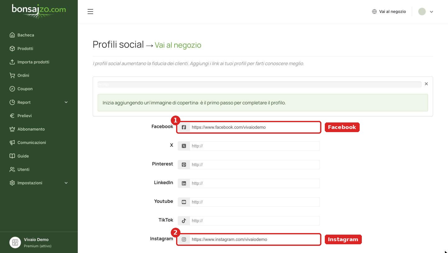 Profili social del negozio